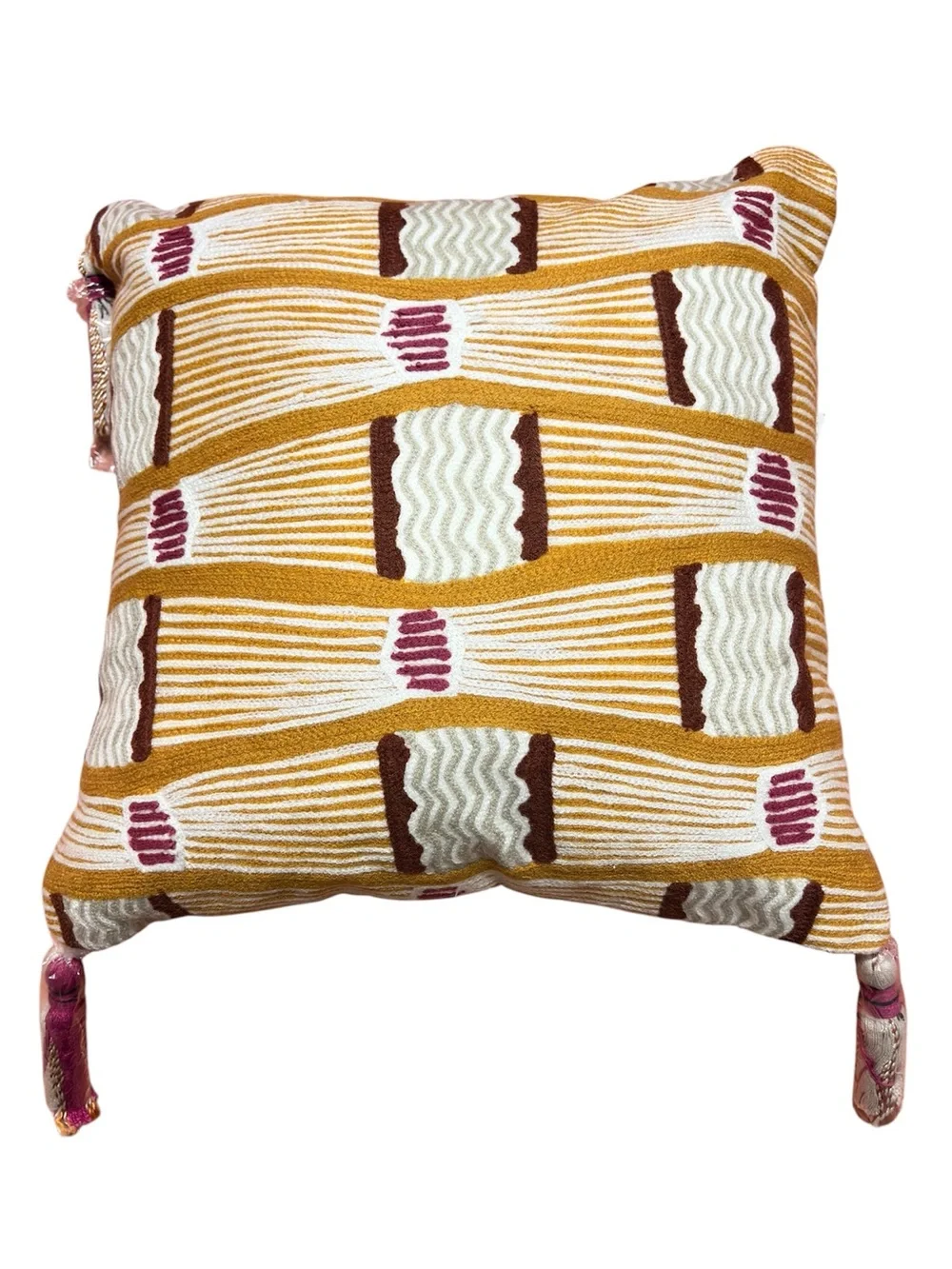West Elm Decorative Throw Pillow Set 18x18 Boho Embroidered Tassel NWT